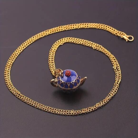 Cobalt Blue Enamel Painted Teapot Tea Pot Charm Pendant Yellow Gold-Tone - Picture 5 of 15